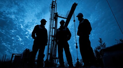Workers confer at dusk near oil rig, blue sky