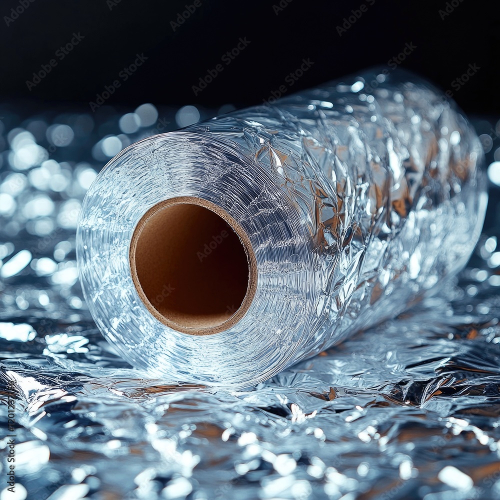 Poster a single roll of aluminum foil resting on a flat surface
