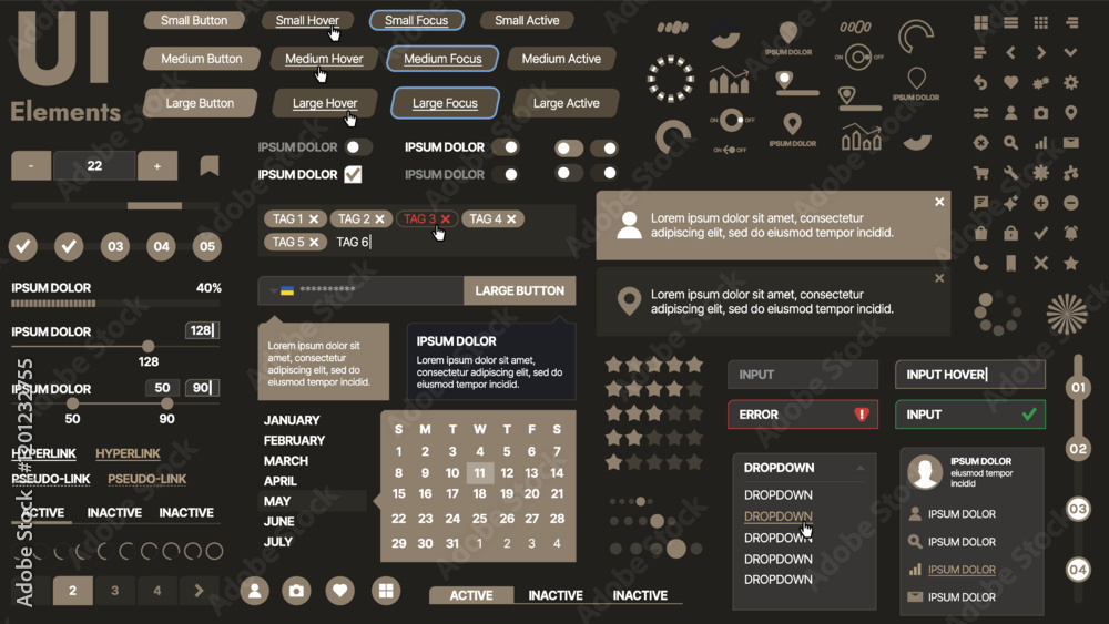 Poster a modern ui kit featuring a collection of buttons, icons, navigation menus, and responsive design el