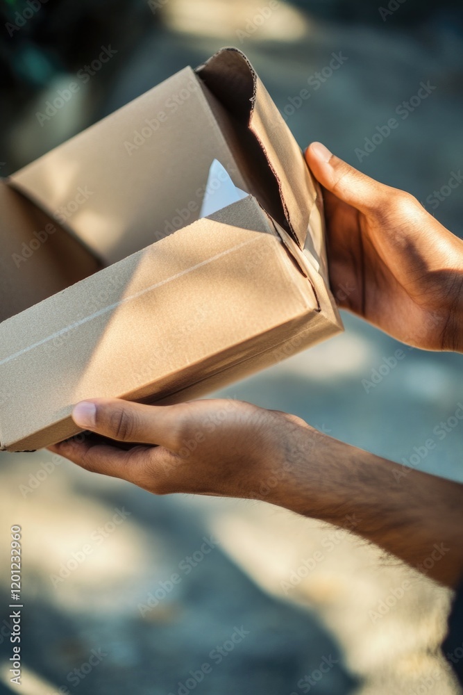 Poster A person holds a box with a piece of paper inside, suitable for use as a delivery or package illustration