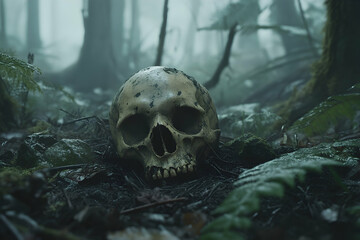 Mysterious human skull resting on mist-covered ground in a dense forest