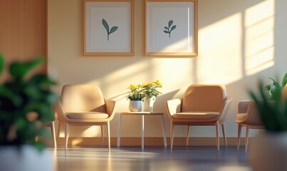 Cozy modern waiting area with two armchairs, small table, potted flowers, and framed botanical art on walls, illuminated by soft sunlight