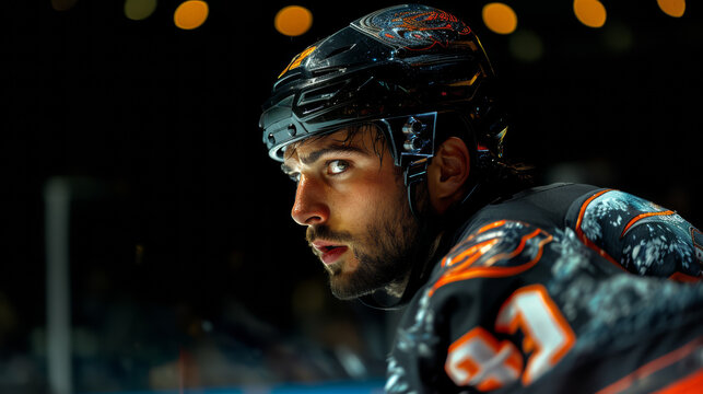 A hockey player with a black helmet and orange jersey - Powered by Adobe
