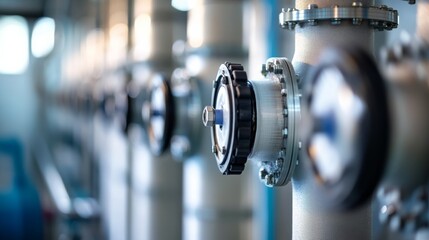 Fototapeta premium Industrial valves and pipes in a factory setting, showcasing precision engineering and equipment for fluid control.