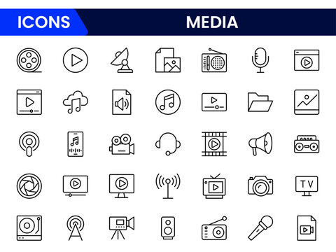 Set of line icons related to media, social networks, public media, journalism, communication, and networking. Outline icon collection. Vector illustration