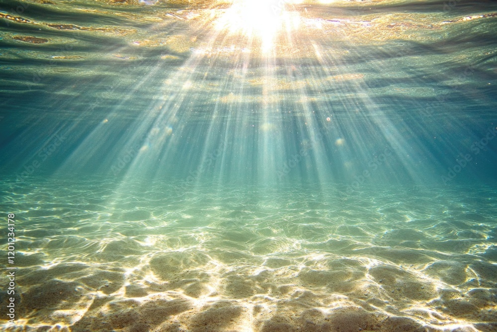 Poster Sunlight reflecting on calm water surface, suitable for use in nature-inspired designs and concepts