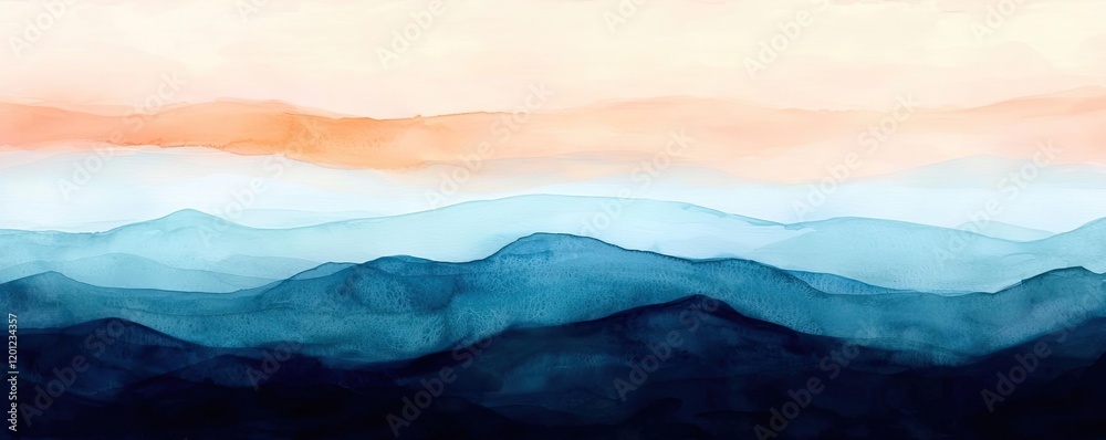 Wall mural Misty watercolor concept. Serene landscape featuring watercolors of mountains and soft pastel skies.