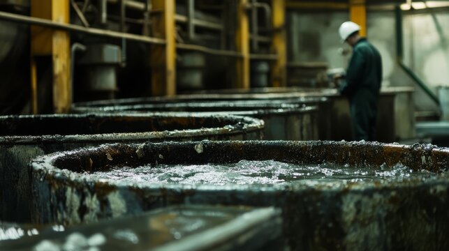 A worker inspects large containers filled with liquid in an industrial setting, showcasing a manufacturing or processing environment.