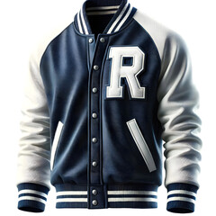 A blue and white varsity jacket with a large "R" on the front, isolated against a black background.