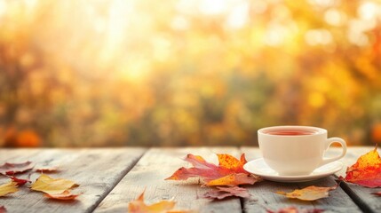A warm cup of tea rests on a rustic table covered with colorful autumn leaves, creating a tranquil outdoor setting in fall
