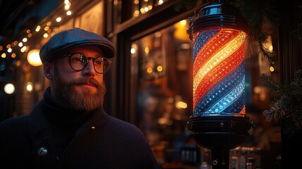 A man wearing glasses and a hat stands outside a classic barber shop with a iconic red and white striped pole