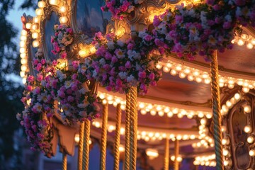 A colorful merry go round with bright lights and flowers, suitable for various celebrations or events