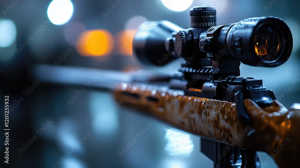 Poster Close-up shot of a rifle on a table with some distance to the background, ready for use