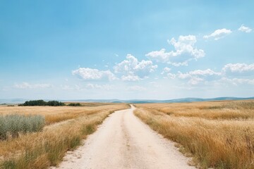 Fototapeta premium Vast golden fields stretch towards a serene blue sky with fluffy clouds, inviting peaceful exploration in nature's embrace. Generative AI