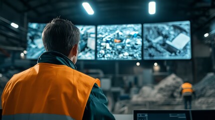 A worker in a safety vest monitors multiple screens displaying a waste management facility, focusing on operational processes.