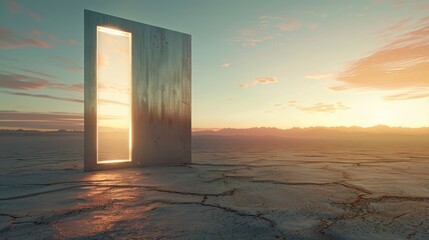 a realistic high-definition photograph of a modern sleek metal door standing alone in a vast desert