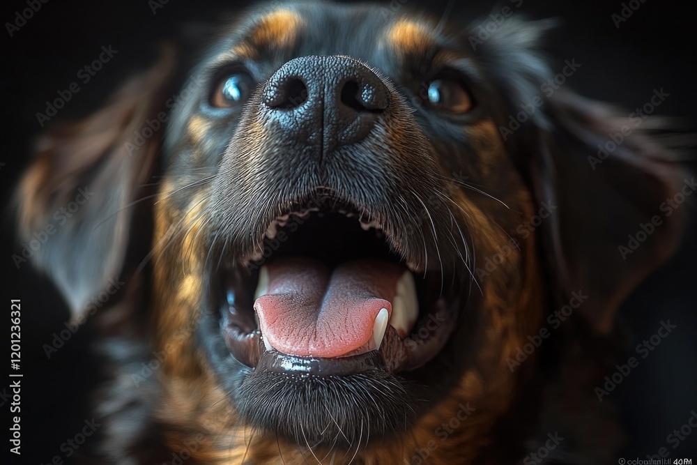 Poster a close-up photo of a dog's open mouth, great for use in pet-related contexts such as advertisements