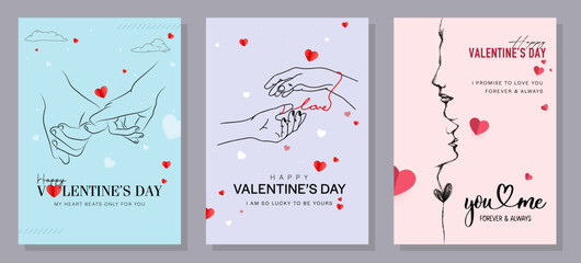 Valentine's Day concept set. Love word lettering, calligraphy hand drawn heart. Valentine's Day background. Card, poster, cover set. Modern design trendy minimal typography. Line drawing.