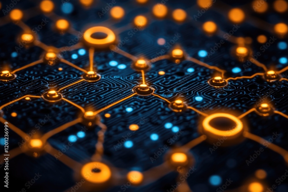 Poster Close-up view of a circuit board with glowing electronic components