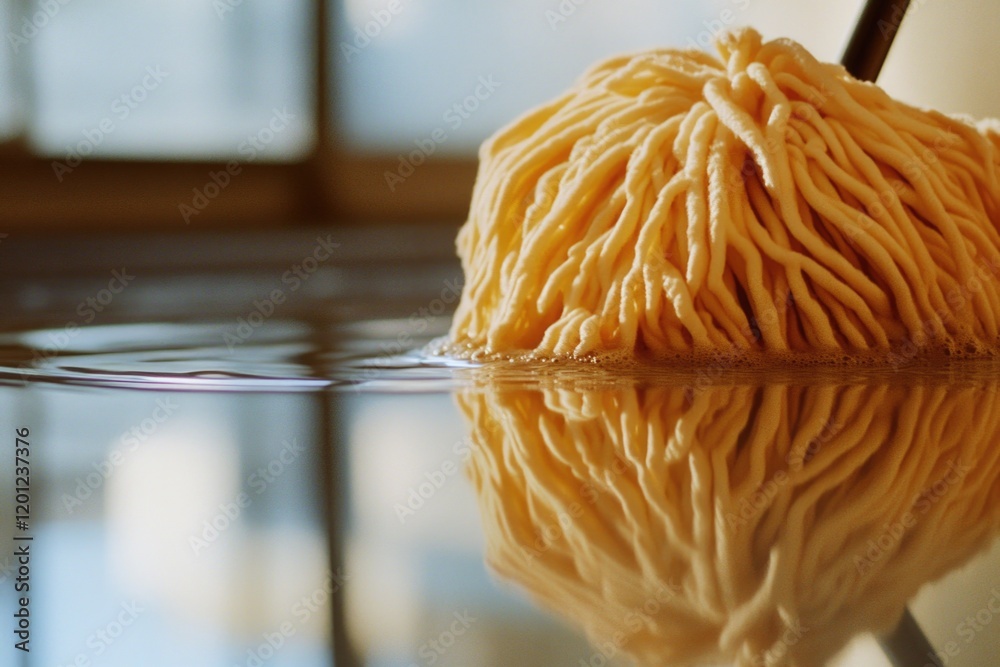 Poster a mop sitting on a glass table with a sleek and modern design