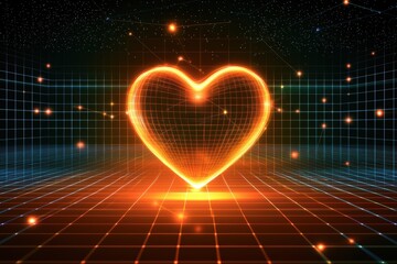 A glowing orange heart shape is set against a dark, grid-patterned background, creating a vibrant digital atmosphere.
