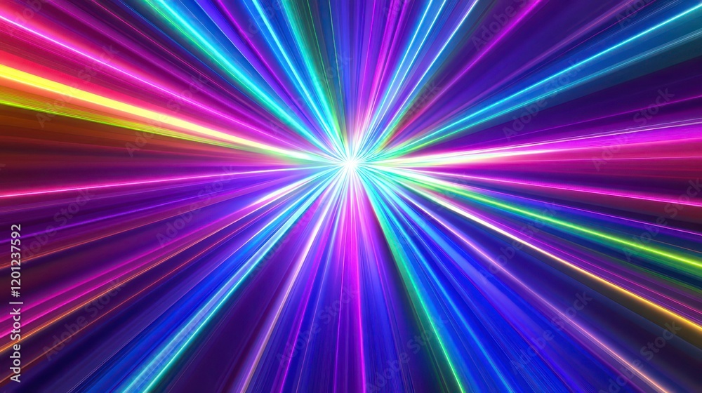 Poster abstract vibrant multicolored light rays radiating from center.