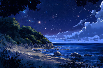Naklejka premium Panoramic view of a serene coastline under a starry night sky