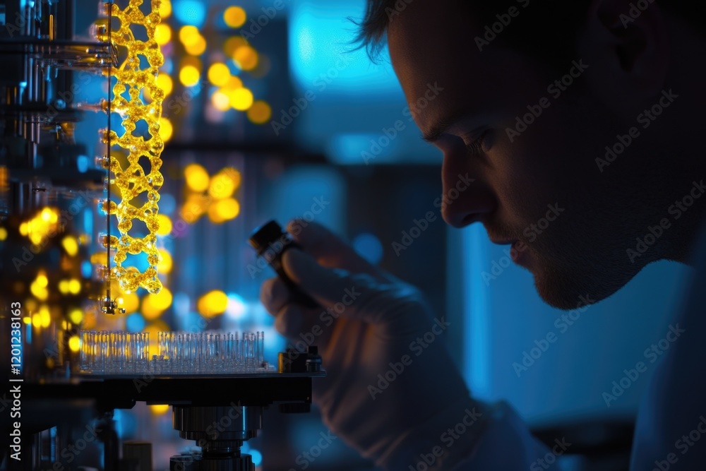 Poster a scientist in a lab coat examines a piece of laboratory equipment, suitable for use in scientific o
