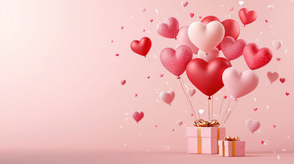 Valentines day theme heart balloon with gifts, isolated on pink background.