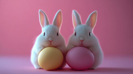Obraz premium Two adorable white baby rabbits sitting next to each other on a pale pink background. Each rabbit gently holds an Easter egg in its paws.