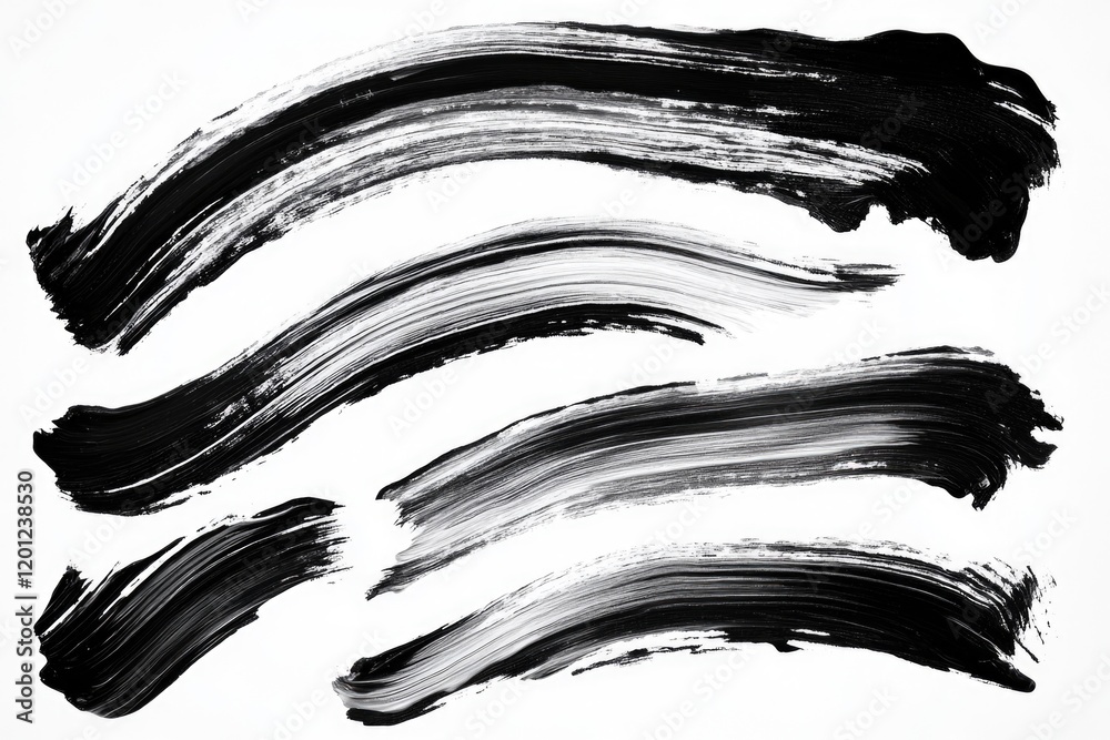 Poster a close-up of a set of black brush strokes on a white background, ideal for art and design projects