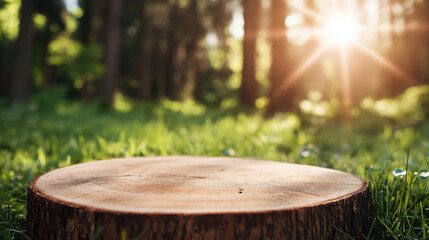 A wooden podium stump in a sunny forest glade, evoking a serene and tranquil natural scene filled with vibrant beauty
