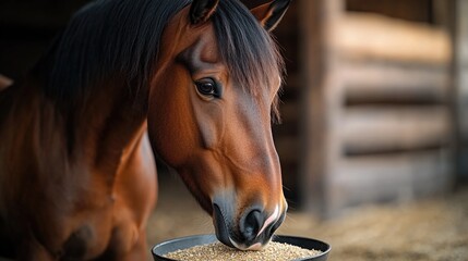 A brown horse eats from a metal feeding trough in a stable setting