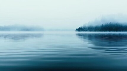 Fototapeta premium Misty watercolor concept. A serene lake with misty forests reflecting on calm waters at dawn.