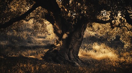 Obraz premium Majestic Ancient Tree in Golden Hour Sunlight: A Timeless Nature Scene