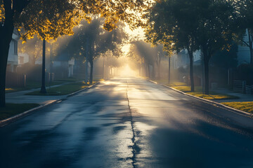 Peaceful city street with an empty road bathed in the soft glow of morning light