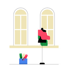 Tailoring Studio With Mannequin And Fabric Rolls In Flat Vector Illustration Symbolizing Sewing, Fashion Craft, And Creativity, Isolated On White Background