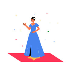 Woman In Elegant Dress Standing On Red Carpet With Confetti In Flat Vector Illustration Symbolizing Fame, Celebration, And Success, Isolated On White Background.