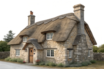 Stone Cottage with Thatched Roof and Two Chimneys, Cozy Cottage, Vintage Home, Country Architecture