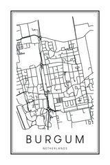 Printable downtown road map poster of the Dutch city of BURGUM on solid white background with city name