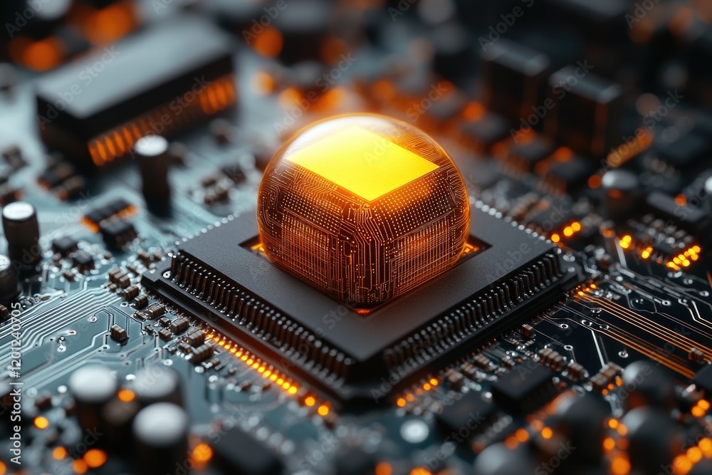 Poster close-up view of a circuit board with a bright yellow light