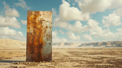 a realistic high-detail photo in 4K of a tall metallic door with rust patches standing in the middle of a desert