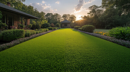 Lawn pathway leading to garden pavilion at sunset, luxury landscape design concept