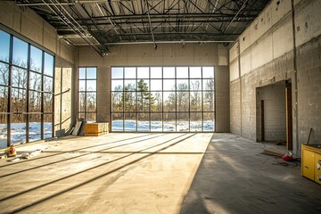 Beautiful, empty interior of a new office building under construction. This space concept features a concrete floor and ceiling with windows open spaces