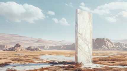 a realistic high-detail photo in 4K of a tall white marble door standing in the middle of a desert