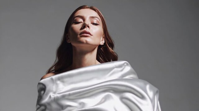 Elegant Woman Draped in Flowing White Fabric