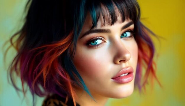 Beautiful woman with modern multi coloured hairstyle. model pose with funky hair. Generative ai. 4K Video