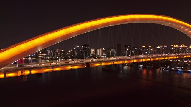 4K Real Time Aerial view of Lupu bridge and Huangpu River in Shanghai at night, China