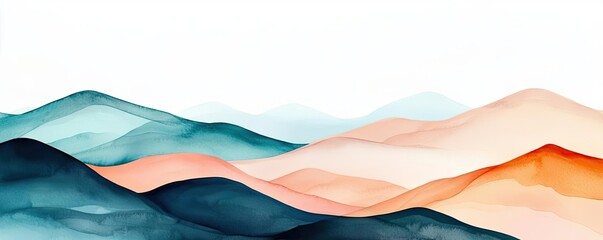 Misty watercolor concept. Abstract watercolor mountain landscape with soft pastel colors and flowing shapes.