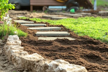 Naklejka premium A beautiful garden with stepping stones leading through a lush greenery